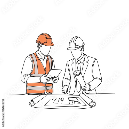 Continuous Line Drawing of Construction Engineers Reviewing Blueprints and Plans. Architecture Team Collaboration Vector Illustration.