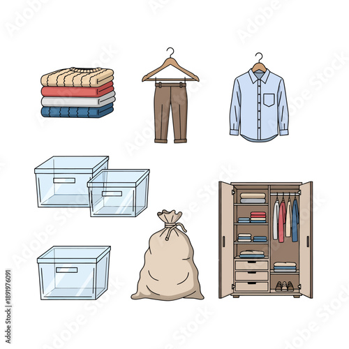 Cartoon illustration of folded shirts, hanging pants, and storage items arranged on a plain backdrop, viewed from a frontal perspective