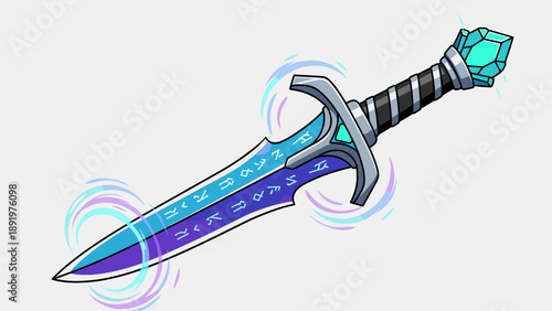 Enchanted Fantasy Dagger with Glowing Crystal Pommel and Magical Runes, Vector Illustration
