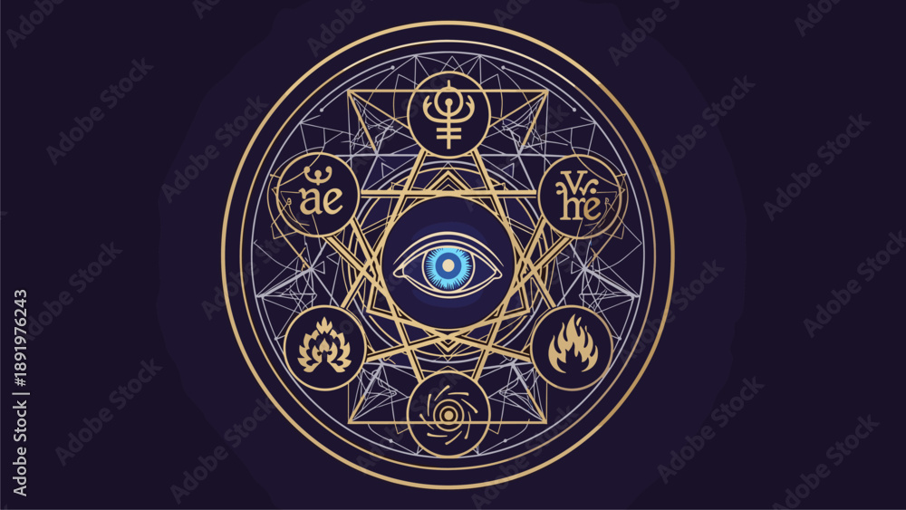 Obraz premium Sacred Geometry Magic Circle with All-Seeing Eye and Esoteric Elemental Symbols
