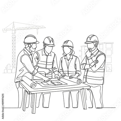 Continuous One Line Drawing of Construction Team Meeting, Architects and Engineers Reviewing Blueprints on Site with Crane Background