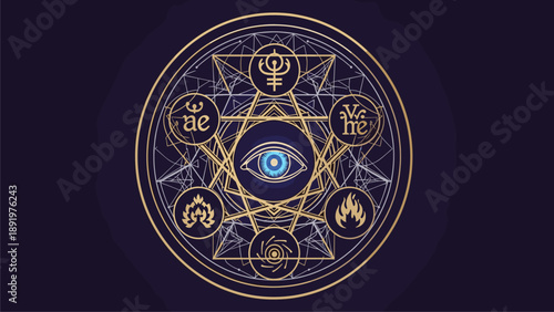 Sacred Geometry Magic Circle with All-Seeing Eye and Esoteric Elemental Symbols