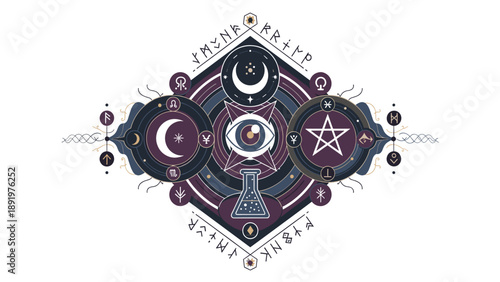 Esoteric Alchemy Symbolism: Mystical Eye, Moon, Pentagram & Runes Sacred Geometry Design