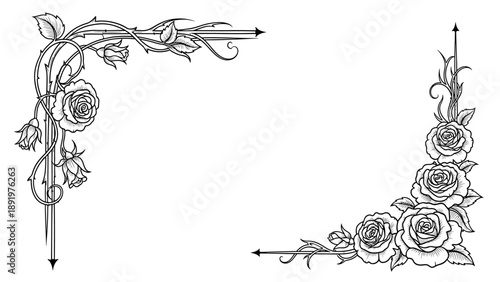 Decorative black and white rose corner ornaments with thorns, elegant floral design elements