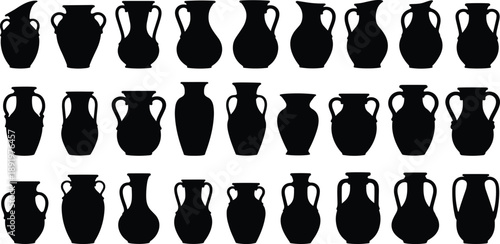 Collection of various antique vases displayed in a grid pattern on a clean background from a straightforward viewpoint.