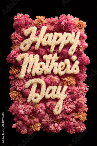 Mothers Day, Valentines Day, love holiday theme. A vibrant display of pink and orange flowers arranged to spell out the phrase Happy Mothers Day against a dark background.