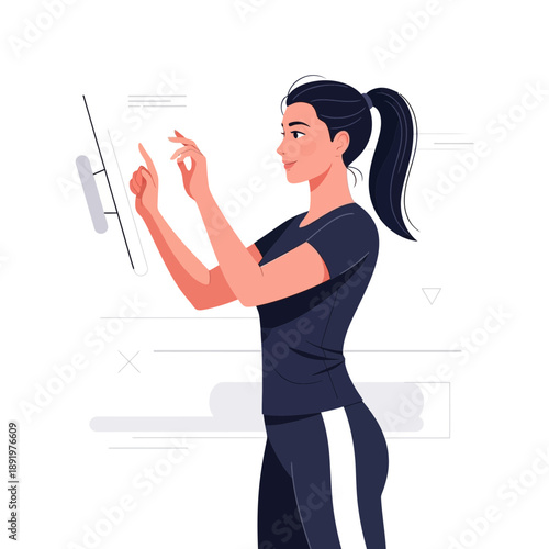 Woman interacting with touchscreen interface, digital technology concept