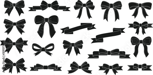 Collection of various black bow illustrations displayed on a white background from a straightforward viewpoint
