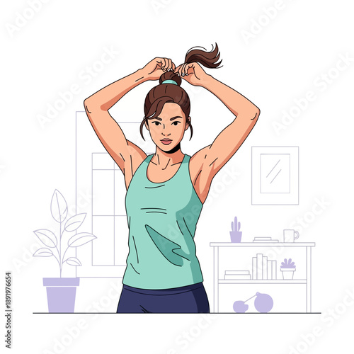 Woman tying her hair in a ponytail, preparing for workout or activity.