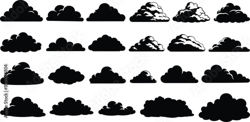 Collection of various cloud formations depicted in black silhouettes against a simple background from different viewpoints