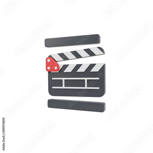 Gray and white clapperboard with red button on black background cinema filmmaking