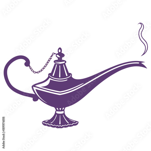 A purple genie lamp emits a wisp of smoke against a white background.