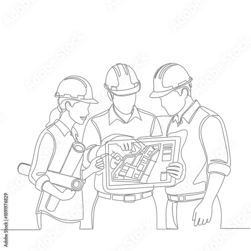 Continuous Line Drawing of Construction Team Reviewing Blueprint Plan. Architects and Engineers Collaboration. Urban Planning Single Line Art.