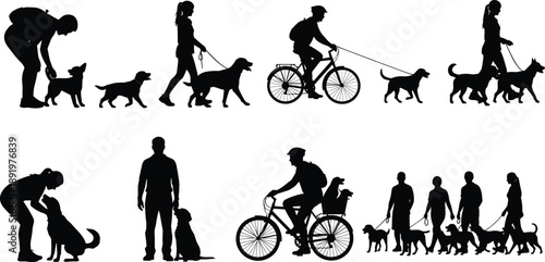 Dog walking silhouette collection, people walking dogs, cycling with pets, training and playing with dogs, pet care activity illustration set