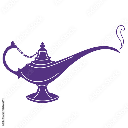 A stylized purple genie lamp emits smoke from its spout.