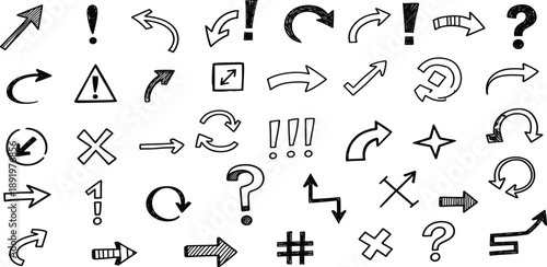 Collection of various black line icons on white background including arrows and symbols representing directions and notifications