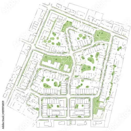Architectural Master Plan of Residential Neighborhood with Green Spaces. Detailed Urban Blueprint for Sustainable Housing Development and Community Design.