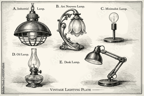 Vintage lighting plate featuring industrial, art nouveau, minimalist, oil, and desk lamps