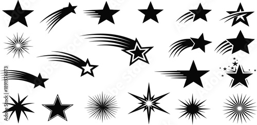 A collection of various star shapes and effects, illustrations of stars with different motion and texture, on a clean background, viewed from a straightforward perspective
