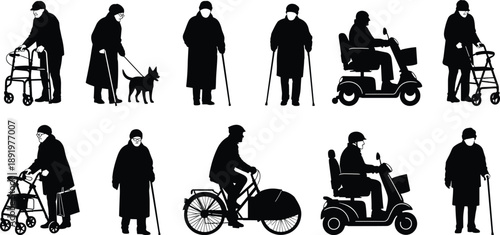 Elderly people silhouette set using walkers canes mobility scooters and walking dogs, senior activity illustration, aging population mobility support artwork