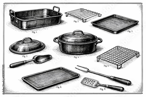 Vintage kitchen utensils and cookware: detailed engraved illustrations