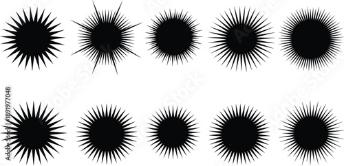 Collection of black sunburst shapes in various sizes and styles on a white background viewed from a straightforward perspective