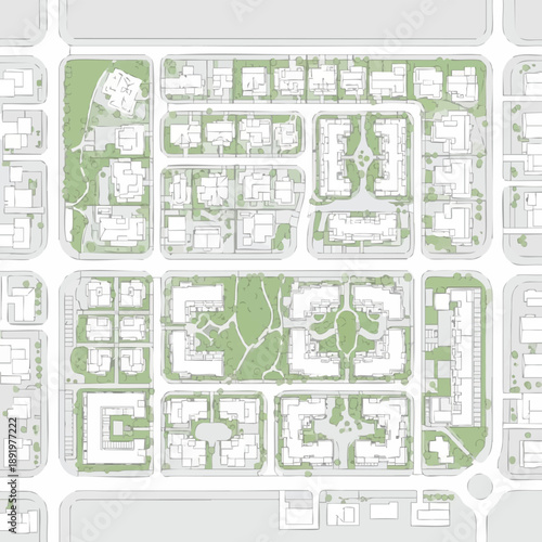 Detailed Architectural Site Plan of a Modern Residential Neighborhood. Conceptual Masterplan with Housing Blocks, Roads, and Green Space Design.