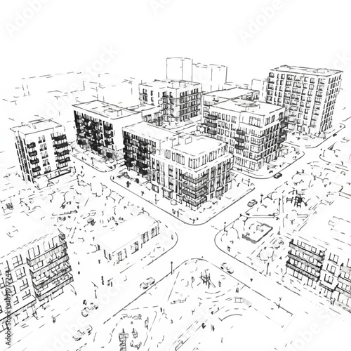 Isometric Urban Planning Sketch: Modern Residential City Block Layout Line Drawing of Apartment Buildings, Parks, and Streets