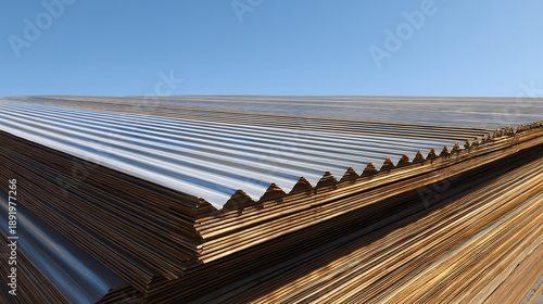 Stack of New Corrugated Steel Roofing Panels Outdoors Under Clear Sky