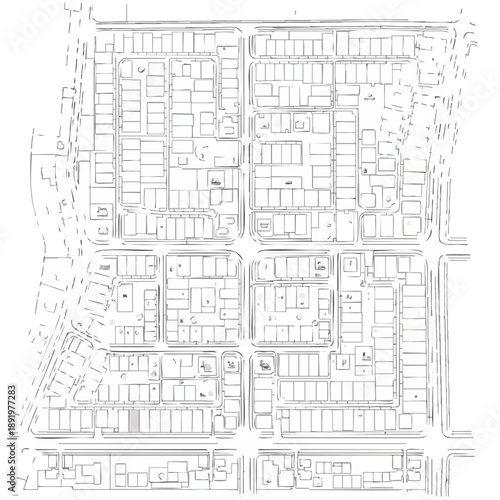 Architectural City Plan Diagram: Detailed Vector Line Art of Residential Neighborhood Grid, Zoning Map, and Street Layout Blueprint