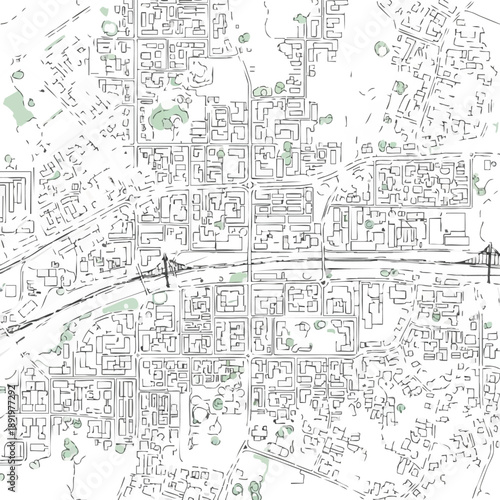Abstract City Map Outline. Minimalist Urban Plan Vector Illustration showing Blocks, Roads, Infrastructure, and Green Spaces.