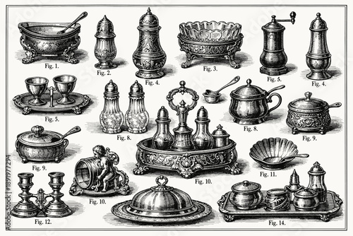 Antique victorian tableware collection featuring intricate engravings and varied designs