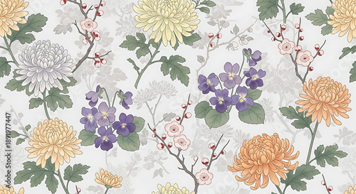 Traditional Japanese Floral Pattern Fabric Design.