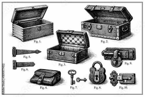 Vintage wooden chests and locks: antique storage and security illustrations