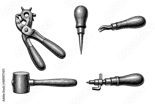 Vintage leatherworking tools collection with awl, punch, cutter, and mallet