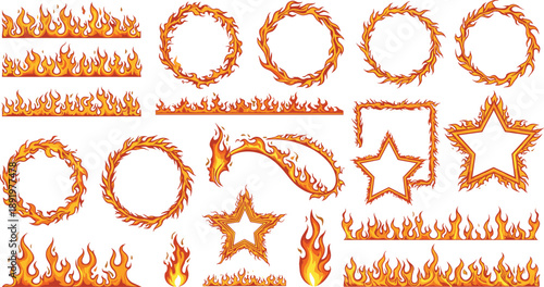Collection of fiery orange frames, stars, and flames on a clean background