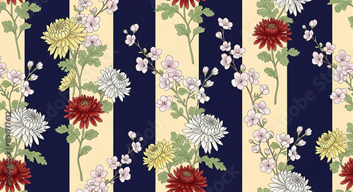 Traditional Japanese Floral Pattern with Stripes.