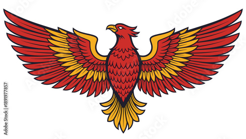 Vibrant Phoenix Bird Emblem with Red and Gold Feathers, Wings Spread - Mythological Creature Illustration