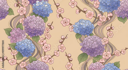 Traditional Japanese Hydrangea Pattern Fabric Design 1.