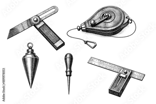 Vintage measuring tools collection: square, plumb bob, chalk line, awl sketch