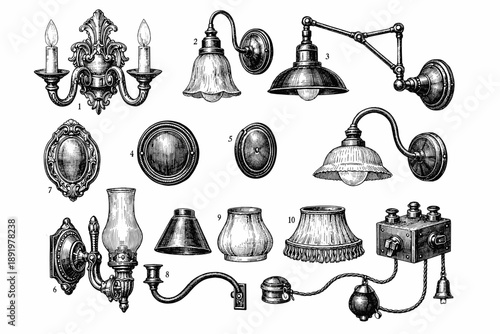 Vintage wall sconces and lamps collection with ornate designs