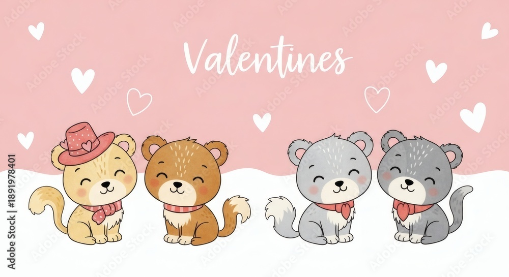 Fototapeta premium Cute Valentines Animals Clipart Featuring Adorable Cartoon Bears with Hearts