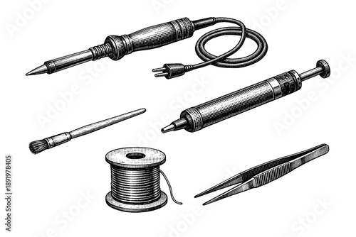 Vintage engraving style soldering tools set with tweezers and brush