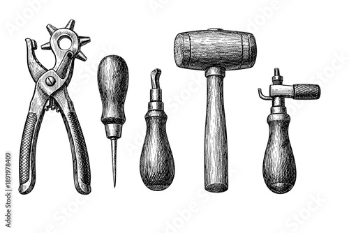 Vintage hand tools: leatherworking awl, punch, hammer, edge beveler, creaser
