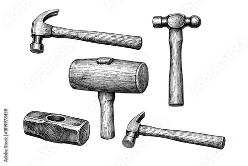 Vintage wood and metal hammers collection with diverse hammer designs