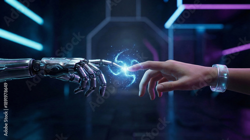 robot hand touching human finger, human robot touch with energy, ai connection spark close up, futuristic cyborg hand reach