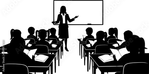 Silhouette teacher teaching diverse students in classroom lesson illustration. Elementary school kids learning at desks with books. Education concept for back to school season. Studying, learning
