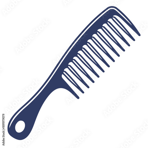 A dark blue comb with a handle rests on a white background.