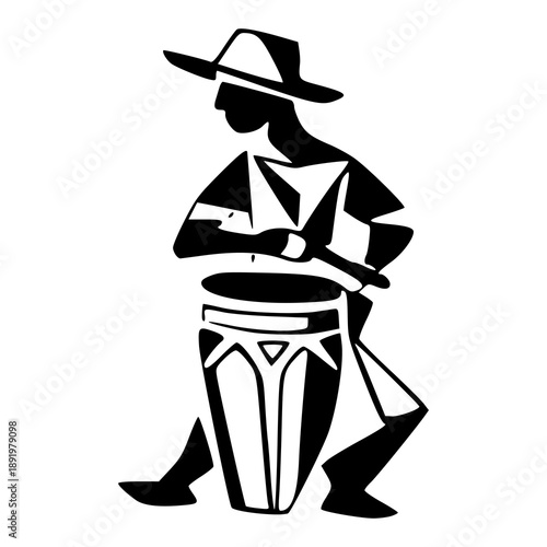 silhouette of a musician playing conga drum with traditional hat