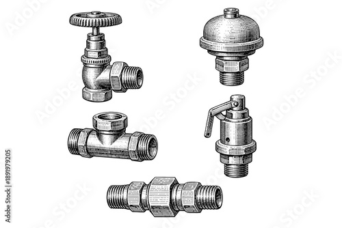 Detailed vintage plumbing valve drawings and fixtures collection